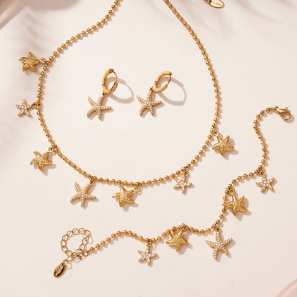 B廠【TXP478】跨境新款不鏽鋼鋯石海星吊墜耳環項鍊手鍊套組簡約鑲鑽配件
 25.11-3