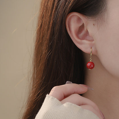 D廠【YC3453E】S925銀國潮硃砂耳鉤女民族風紅復古極簡圓形新中式耳環 25.02-2