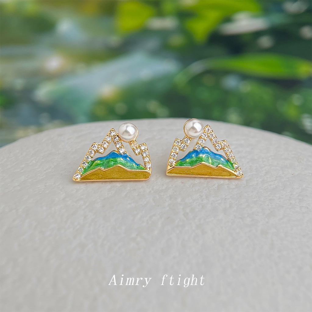 A廠【7157】原始青山~微鑲鋯石鍍銀針手工彩繪琺瑯滴釉國潮耳釘耳飾
 26.04-5
