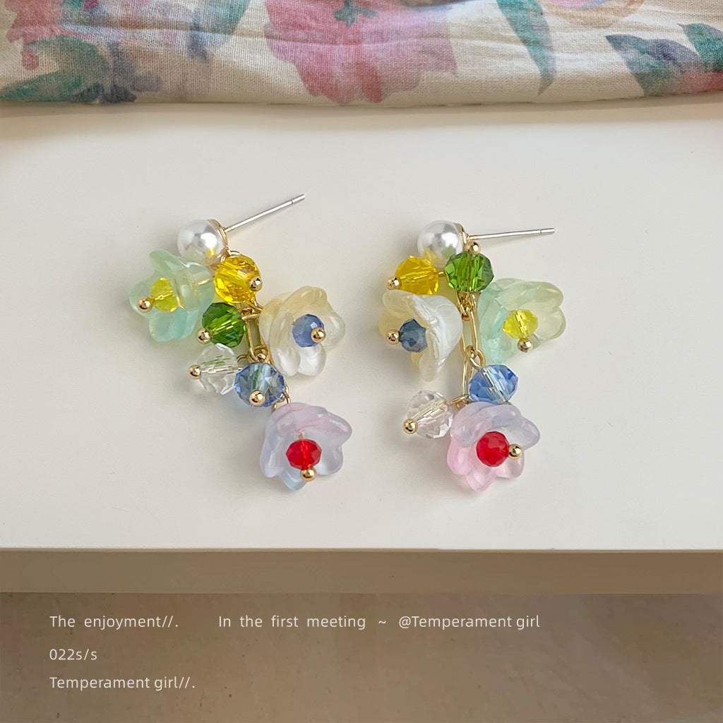 A廠【5551】清新甜美鈴蘭花夏日新款原創設計手工玻璃水晶五彩耳環耳環女
 26.07-4
