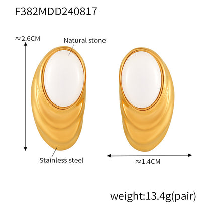 B廠【F382】法式復古橢圓水波紋鑲嵌白色天然石耳環簡約氣質不銹鋼PVD電鍍耳飾 24.08-4