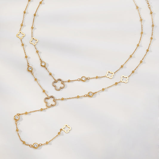 B廠【P664】不銹鋼5A鋯石Y字花朵流蘇項鍊鍍18k真金歐美時尚簡約輕奢珠寶首飾
 25.12-3