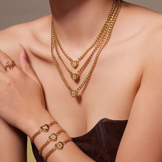 B廠【RP021】不銹鋼愛心字母鑲嵌鋯石吊墜項鍊手鍊套裝 歐美個性首飾鍍18k真金
 25.12-1