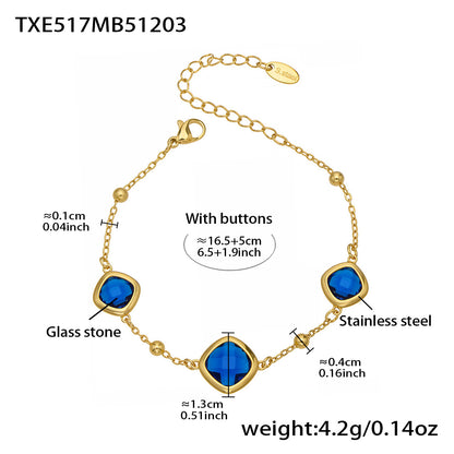 B廠【TXP517】不銹鋼方形切麵包邊玻璃石吊墜耳環項鍊手鍊珠寶首飾套裝鍍18k金
 25.12-2
