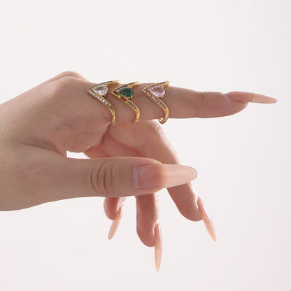 B廠【A976】V字鑲滿鑽5A鋯石側開口可調不鏽鋼戒指不掉色輕奢食指戒 25.02-3