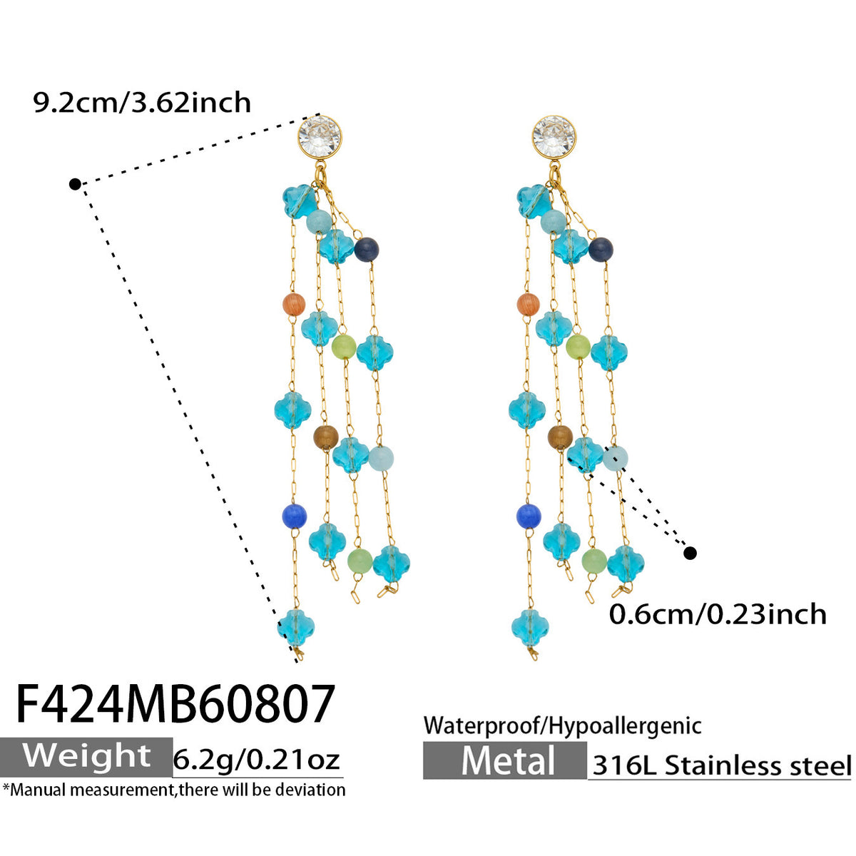 B廠【F424】歐美時尚天然水晶石鋯石幾何耳飾鈦鋼18k金 不掉色飾品小仙女耳環
 26.08-2