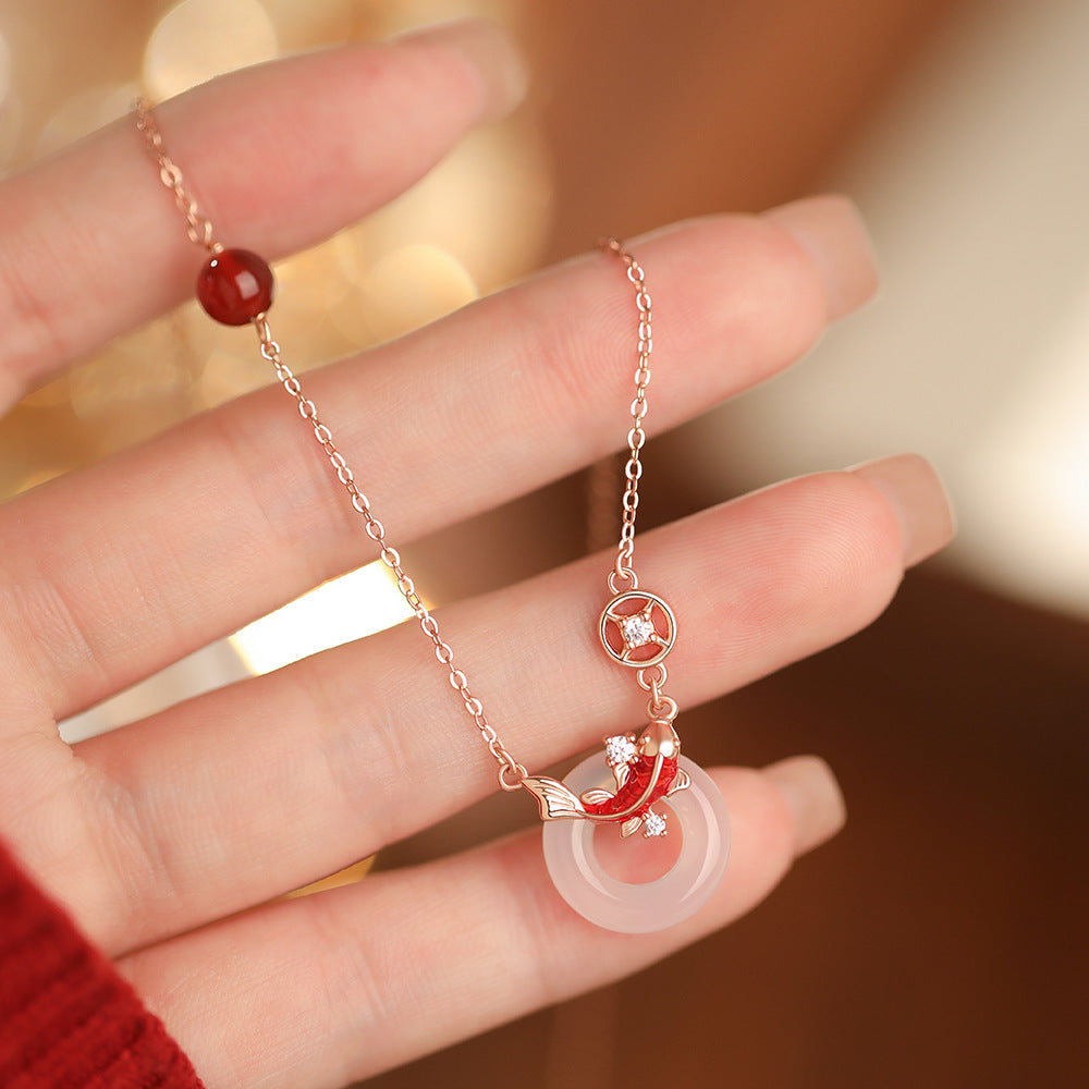 D廠【YC2289N】原創足銀S999紅瑪瑙白玉髓錦鯉平安扣項鍊個性手鍊國風耳環
 25.12-1