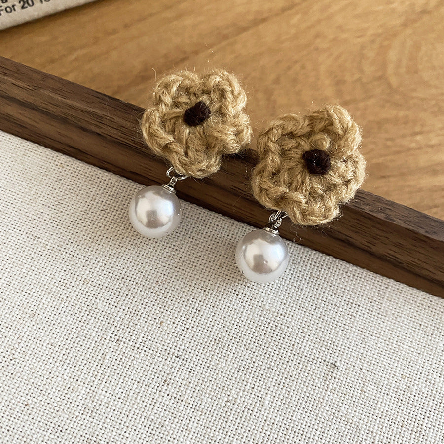 A廠【HE29266】925銀針針織花朵珍珠耳環秋冬溫柔甜美氣質耳環輕奢高級感新款耳環女
 25.11-2