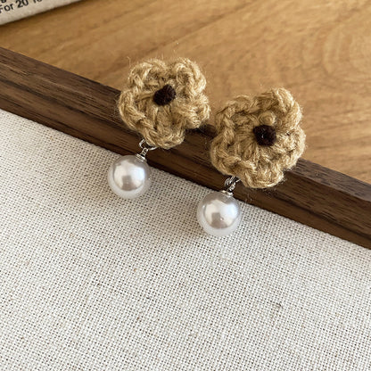 A廠【HE29266】925銀針針織花朵珍珠耳環秋冬溫柔甜美氣質耳環輕奢高級感新款耳環女
 25.11-2