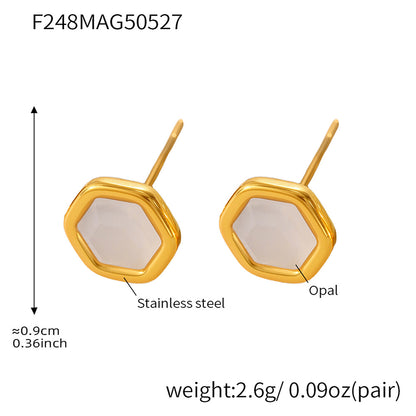 B廠【F248】歐美新款不鏽鋼天然蛋白石切面六角形耳環鍍18k真金耳環女 25.06-1
