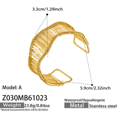 B廠【Z030】冷淡風不對稱寬窄繞線不鏽鋼真空電鍍開口手鐲
 26.10-5