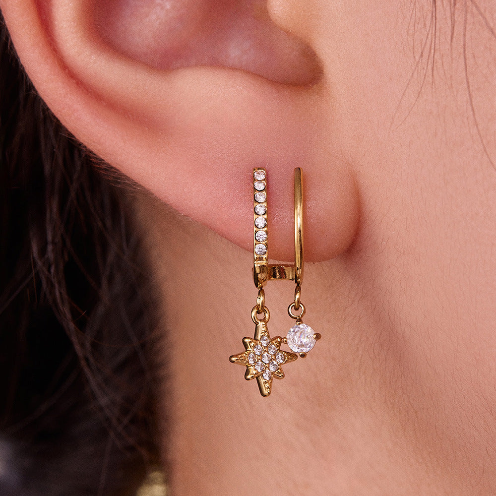 B廠【F1327】不鏽鋼5A鋯石雙層爪鑽超閃八芒星吊墜耳環跨國氣質百搭耳飾
 25.11-1