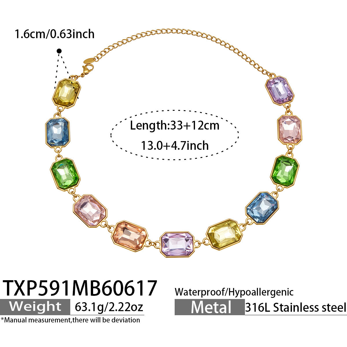 B廠【TXP591】歐美新款多色長方形玻璃石項鍊手鍊首飾套裝復古宴會風不銹鋼飾品
 26.06-4