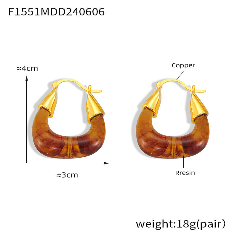 B廠【F1551】歐美個性復古琥珀樹脂耳環小眾設計銅材質U型耳扣ins簡約百搭耳飾 24.06-2