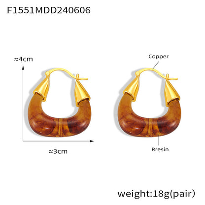 B廠【F1551】歐美個性復古琥珀樹脂耳環小眾設計銅材質U型耳扣ins簡約百搭耳飾 24.06-2