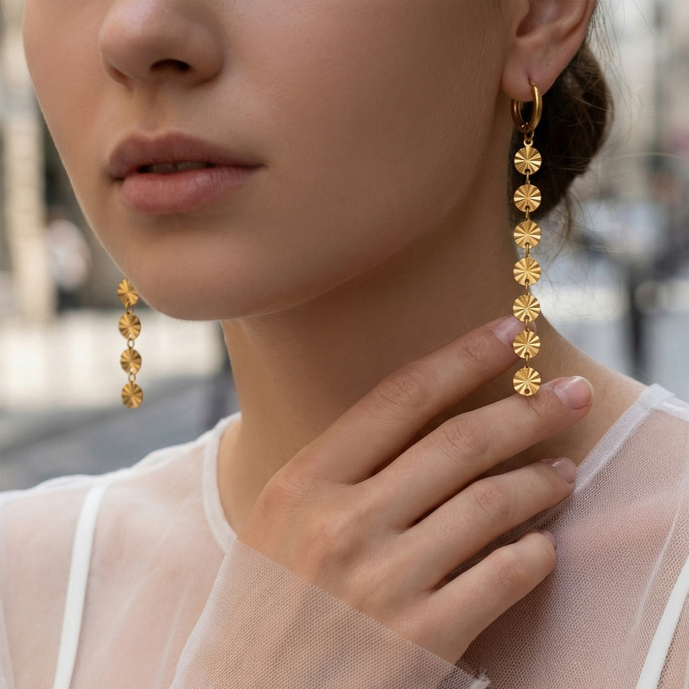 B廠【F1538】歐美跨境新款金屬圓片批花形流蘇耳環不鏽鋼鍍18k真金不掉色耳飾
 26.04-3