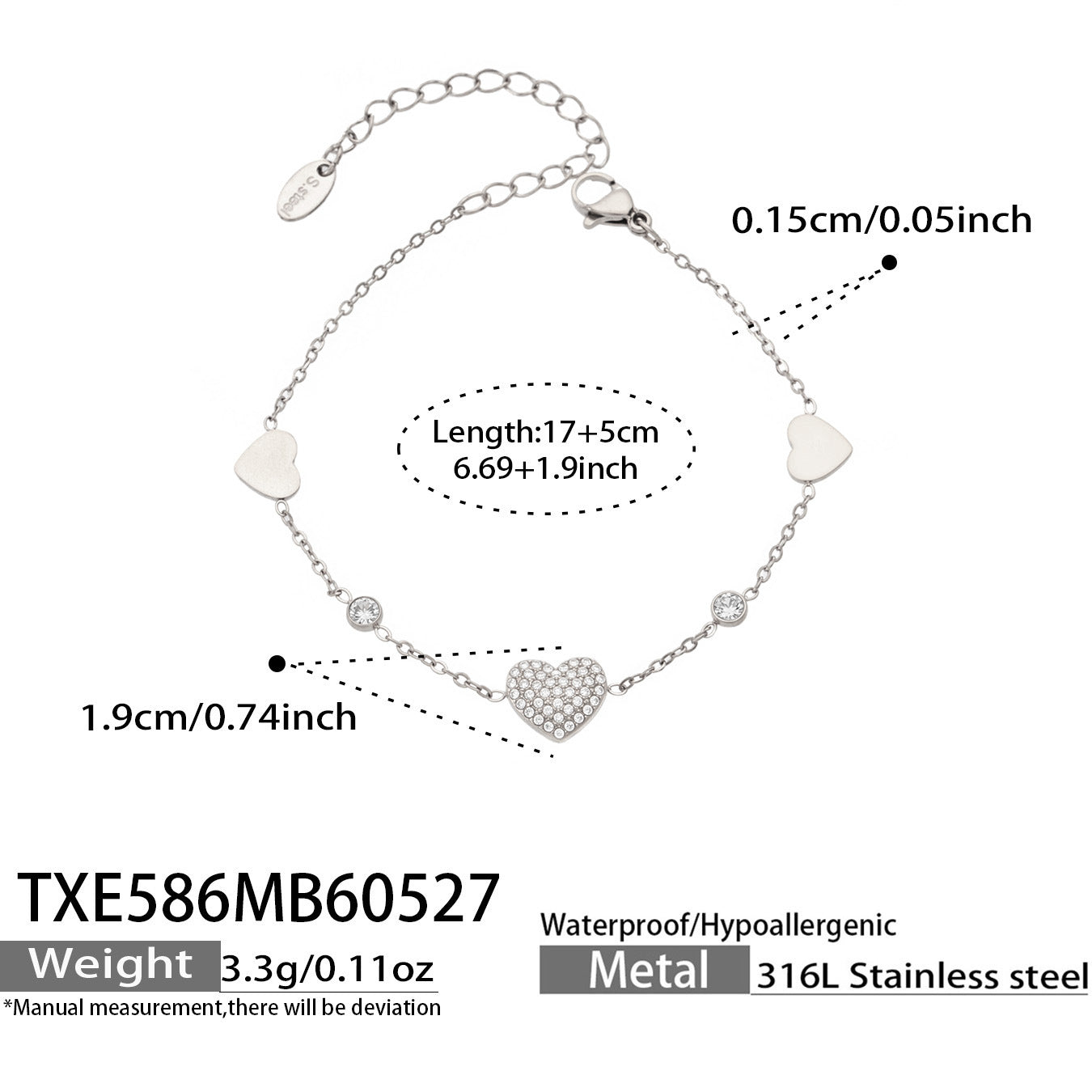 B廠【TXP586】亞馬遜時尚不鏽鋼鑲嵌鋯石愛心手鍊項鍊組歐美流行新款首飾
 26.06-1