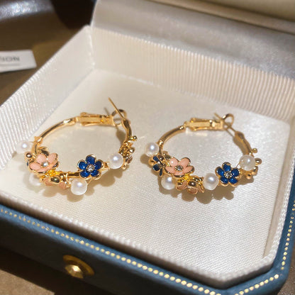 A廠【HE29162】925銀針滴油花朵圓形珍珠耳圈復古精緻優雅氣質耳環輕奢高級感女
 25.11-1