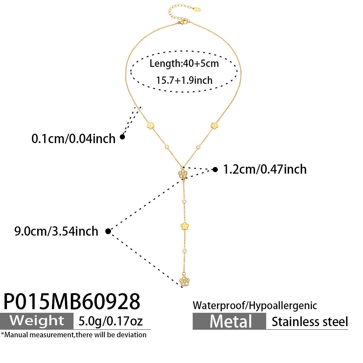 B廠【P015】 不鏽鋼鍍18K金蝴蝶鏤空鑲鋯五葉花朵Y字項鍊鎖骨鍊

 26.10-1