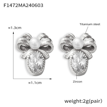 B廠【F1472】法式復古小香風氣質創意設計蝴蝶結耳環鈦鋼鍍金鑲嵌鋯石貝珠耳環 24.06-2