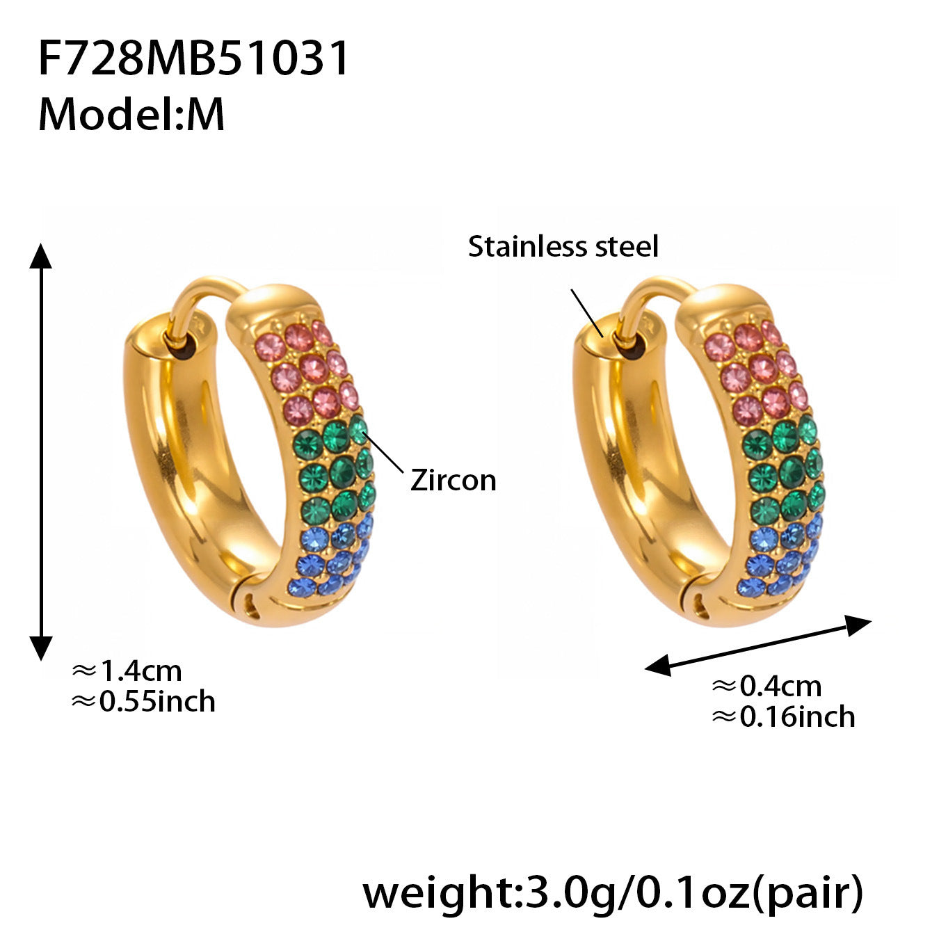 B廠【F728】高質感滿鋯三排鑽球面U型耳扣鍍18k真金輕奢百搭不鏽鋼耳環
 25.11-1