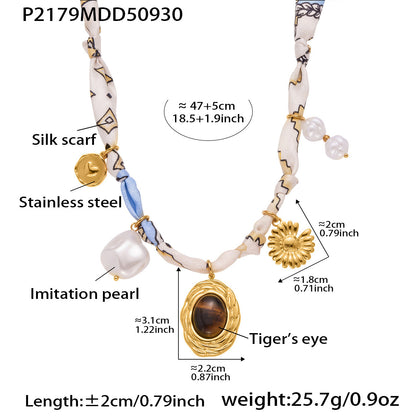 B廠【P2181】 diy絲巾項鍊 虎眼石仿珍珠頸鍊 小眾設計感打結布條飾品
 25.10-2