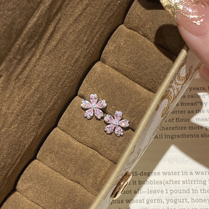 E廠【DQ10584E】S925純銀粉鑽五瓣花耳環女甜美氣質鋯石花朵簡約百搭耳飾 25.09-2
