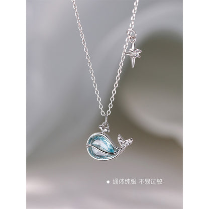 E廠【DQ1011N】S925純銀鯨魚項鍊女小眾高級感藍鋯石鎖骨鏈輕奢爆款首飾 25.08-2