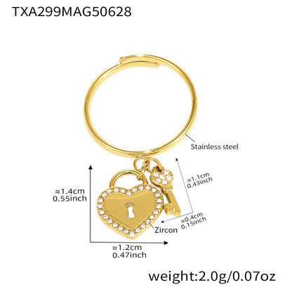 B廠【TXP299】歐美不銹鋼5A鋯石愛心鎖頭鑰匙棍吊墜鎖骨項鍊戒指飾品套裝 25.07-2