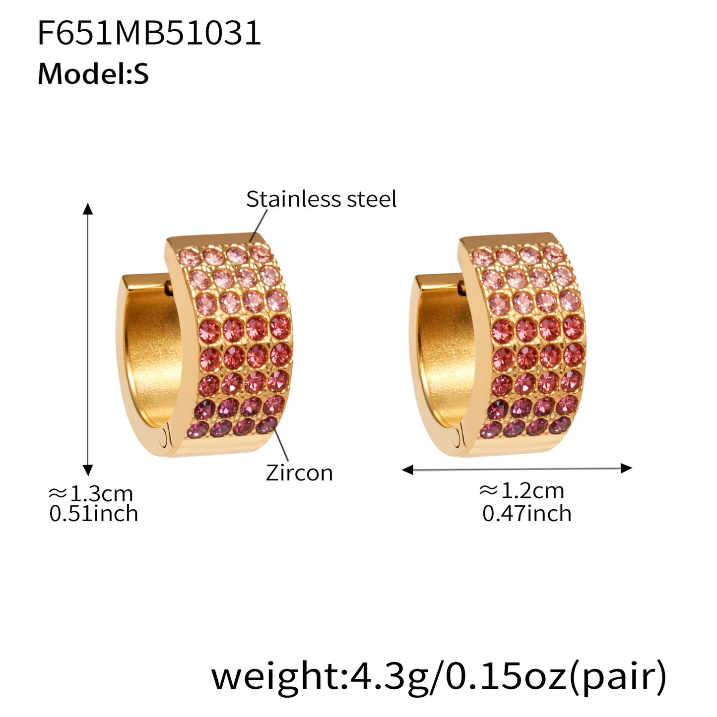 B廠【F651】彩鑽四排鋯石精緻卡扣耳環不鏽鋼鍍18k金時尚百搭個性耳飾
 25.11-1