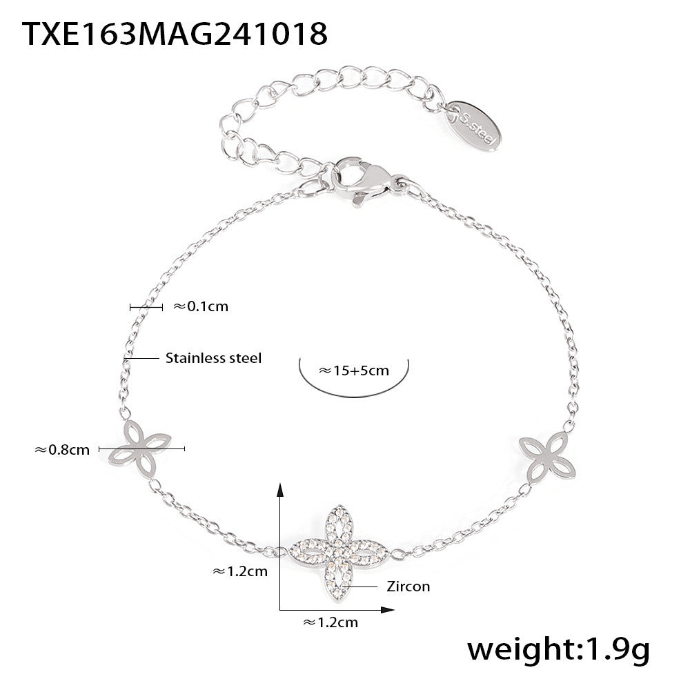 B廠【TXP163】歐美飾品四葉花鋯石超閃項鍊手鍊唯美套組不鏽鋼鍍真金保色 24.10-4