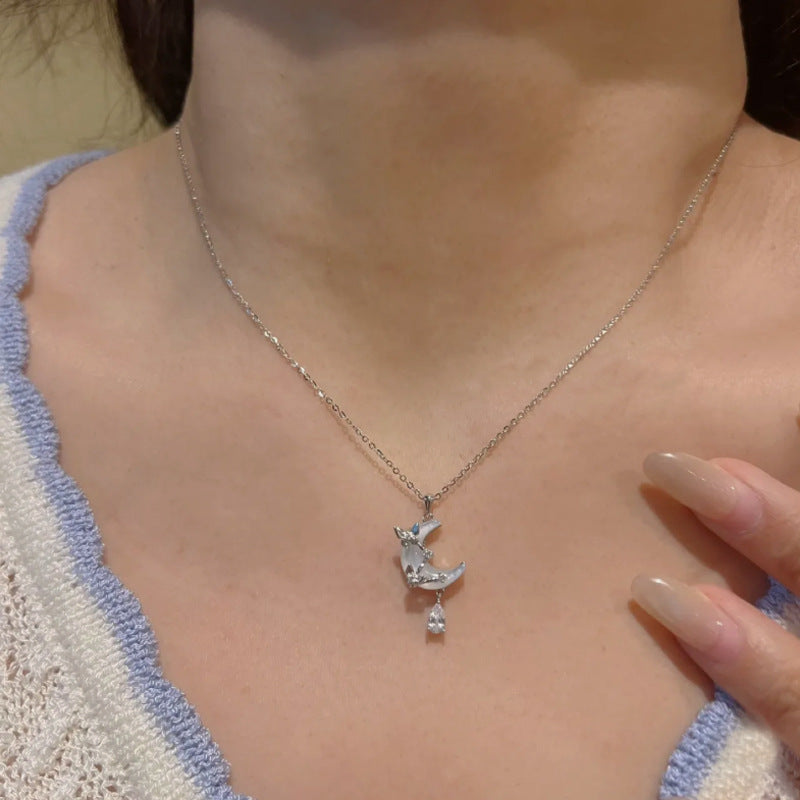 E廠【DQ0135N】小眾韓版S925純銀貝殼月亮項鍊女氣質輕奢蝴蝶水滴流蘇鎖骨鏈
 26.04-3