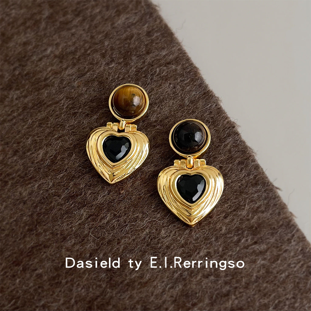 A廠【7187】秋冬爆款美拉德風文藝復古天然石虎眼石中古耳飾愛心幾何耳環
 25.12-1