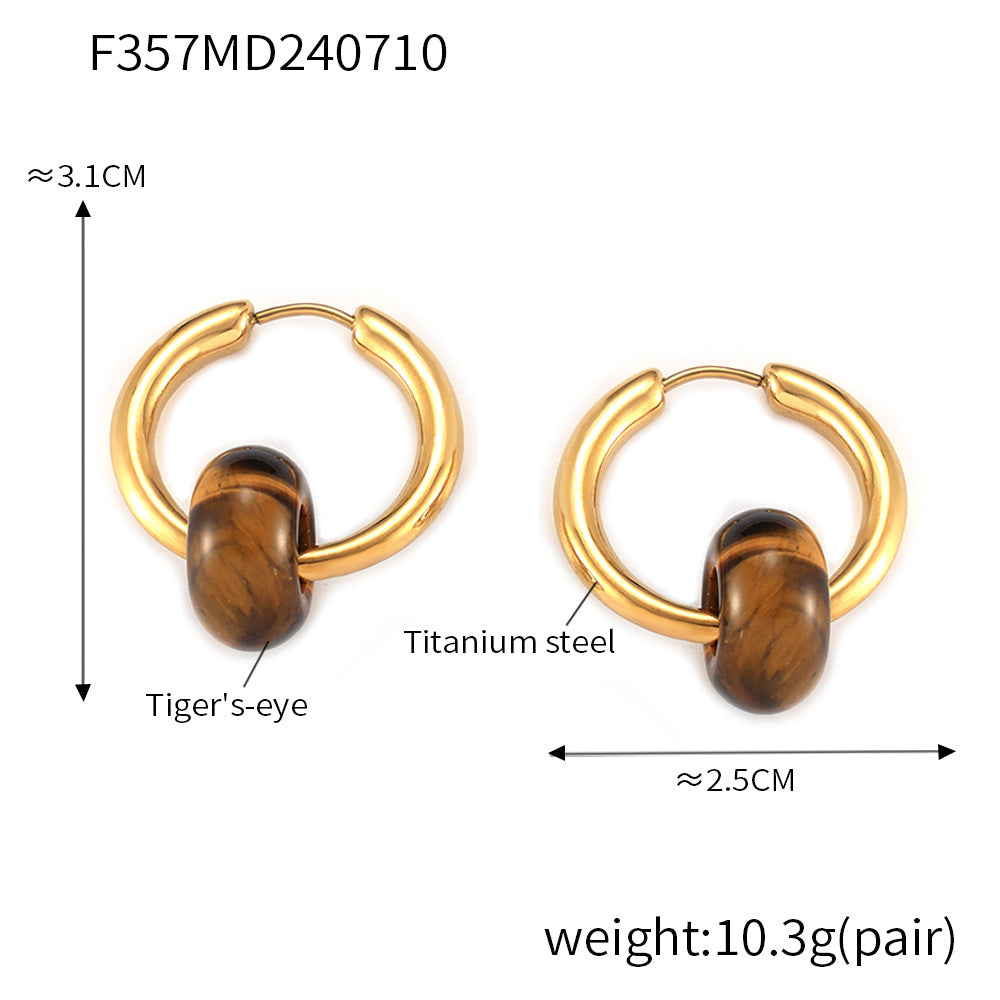 B廠【F357】歐美ins風綠松虎眼天然石幾何耳環鈦鋼鍍18k金小眾簡約氣質耳環 24.07-3