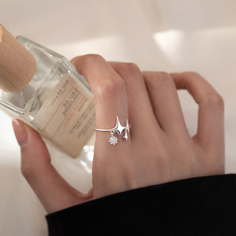 E廠【XDQ8444R】S925純銀韓版簡約四芒星戒指女時尚ins星星鋯石流蘇開口指環
 25.12-1