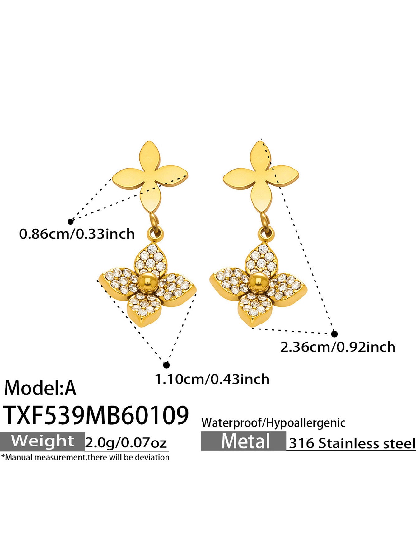 B廠【TXP539】歐美ins時尚5A鋯石花朵項鍊手鍊耳環戒指女士首飾組不銹鋼飾品
 26.01-2