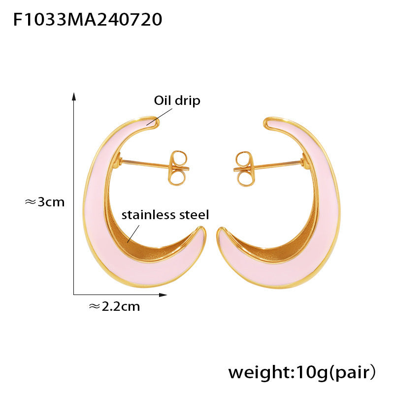 B廠【F1033】歐美chic風月牙造型內裡空心表面滴油耳環不鏽鋼鍍18k金輕奢耳環 24.07-4