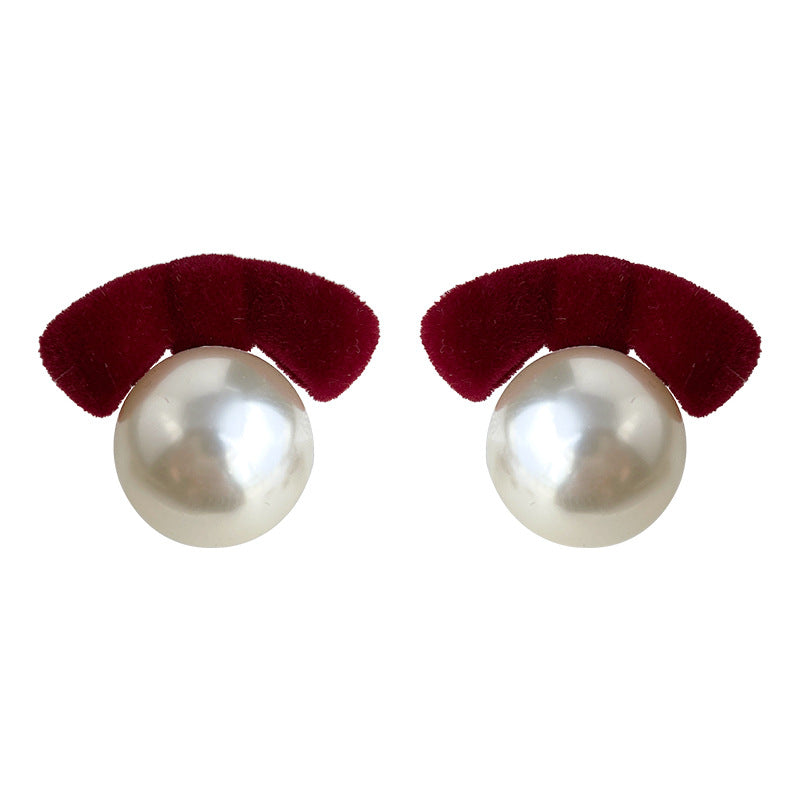 A廠【7134】冬天款文藝復古酒紅植絨溫暖新款銀針蝴蝶結珍珠耳環氣質耳飾
 25.11-3