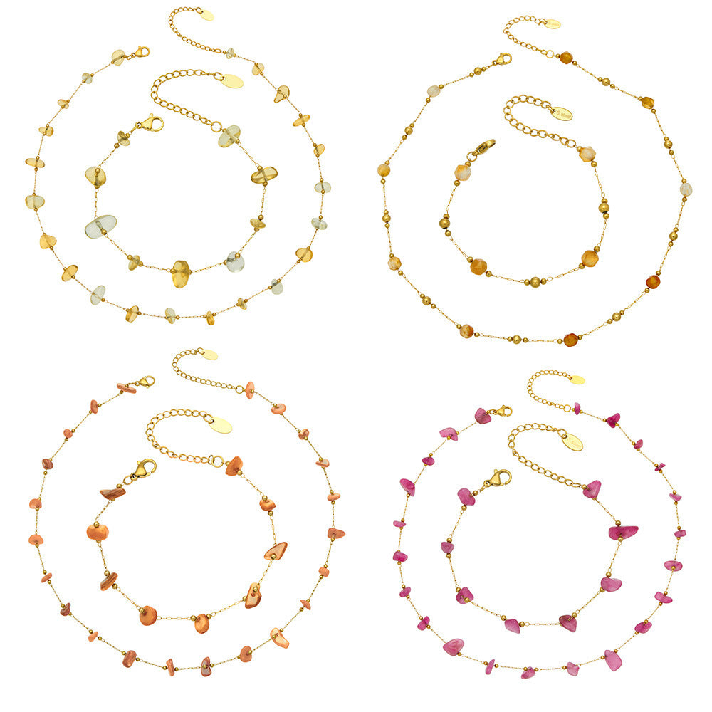 B廠【TXP120】歐美輕奢簡約個性天然碎石手工鍊項鍊手鍊套組不銹鋼鏈條鍍18k金
 26.03-3