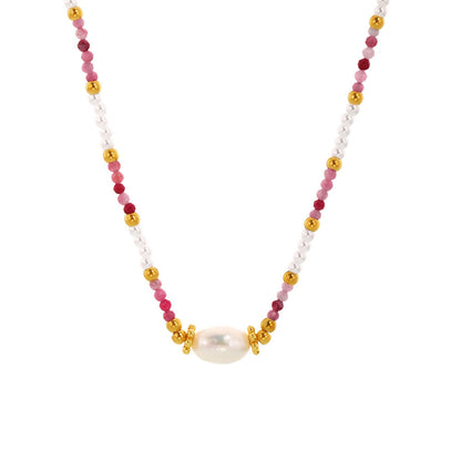 B廠【P1993】ins跨境施家貝珠切面天然石手工鏈串珠米珠項鍊不鏽鋼飾品 25.03-4