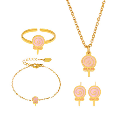 B廠【TXP262】不鏽鋼兒童飾品棒棒糖滴油戒指耳環手鍊項鍊組鍍18k真金 25.05-5