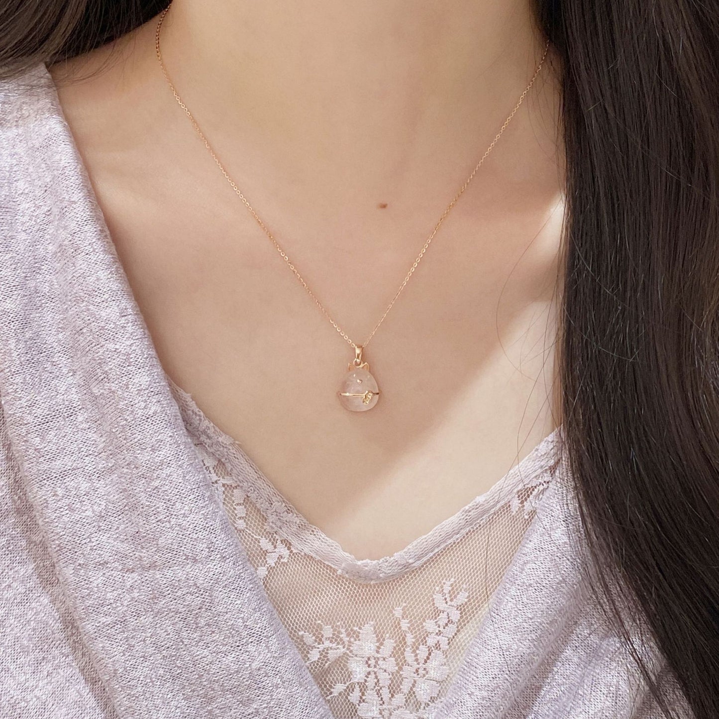 E廠【XDQ1048N】S925純銀粉水晶納福小貓項鍊女甜美氣質銅錢貓咪鎖骨鏈潮
 25.11-4