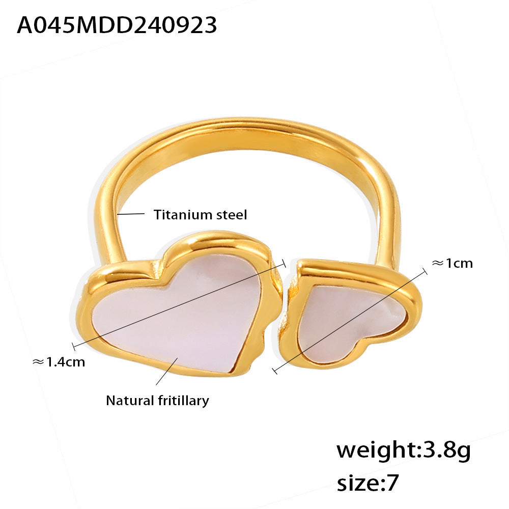 B廠【A045】歐美熱銷幾何雙愛心開口天然貝母戒指跨國新款鈦鋼材氣質手飾品 24.10-1