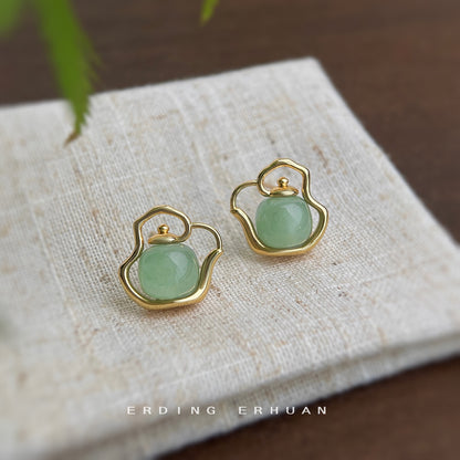 A廠【6207】把把胡！設計師款天然石東陵玉茶壺耳環925銀針鍍14K個性小眾耳飾 25.06-2