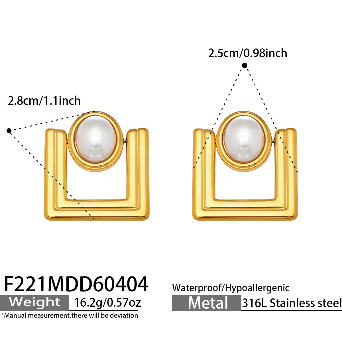 B廠【F221】歐美ins小眾設計感幾何方型仿珍珠耳環不鏽鋼鍍18k真金耳環不掉色
 26.04-3