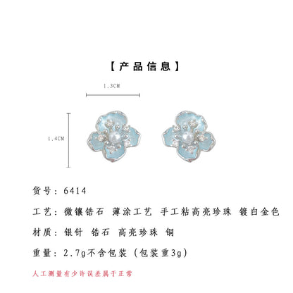 A廠【6414】森系清新甜美簡約小巧立體花朵925銀針手工彩繪藍色耳環 鋯石耳飾 25.07-2