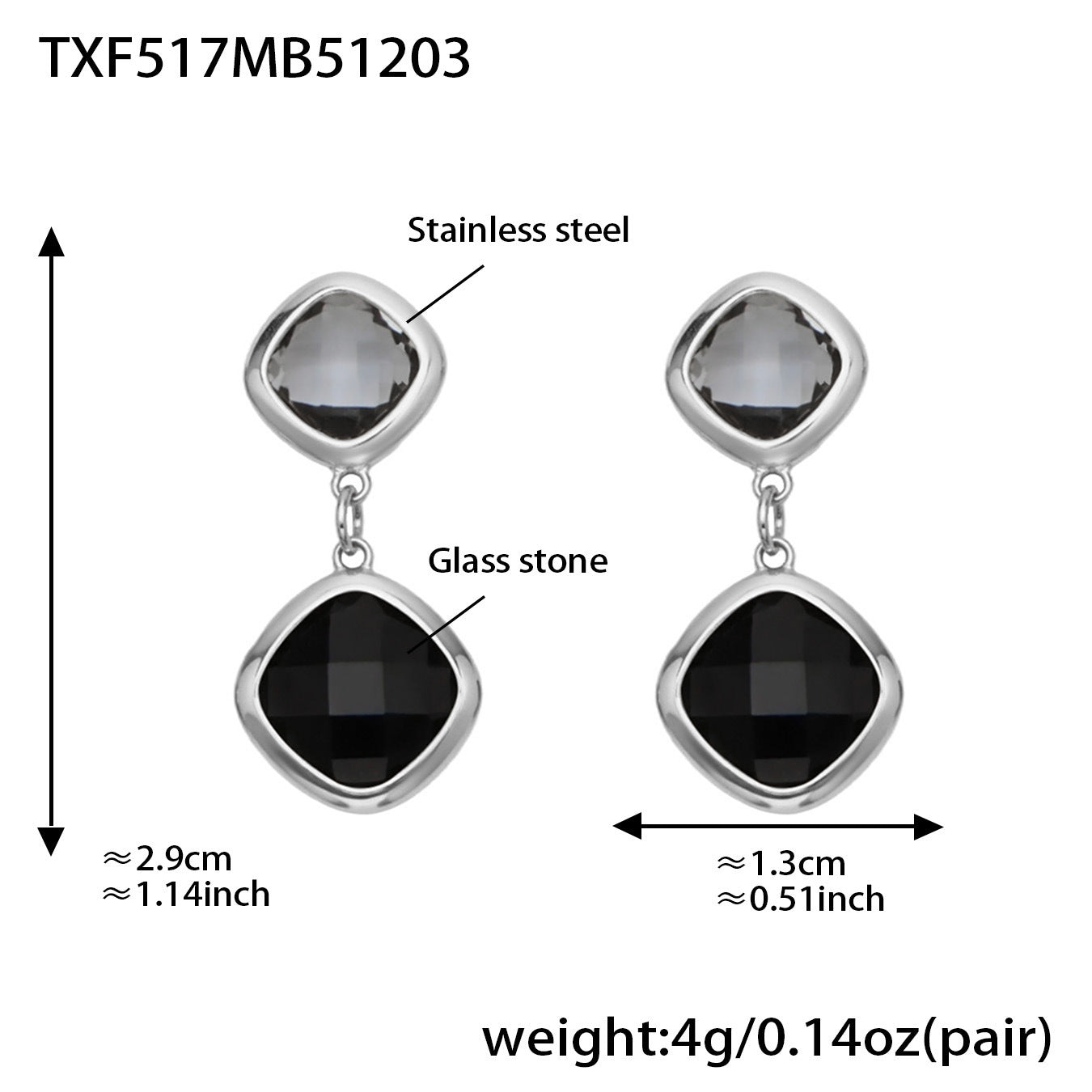 B廠【TXP517】不銹鋼方形切麵包邊玻璃石吊墜耳環項鍊手鍊珠寶首飾套裝鍍18k金
 25.12-2