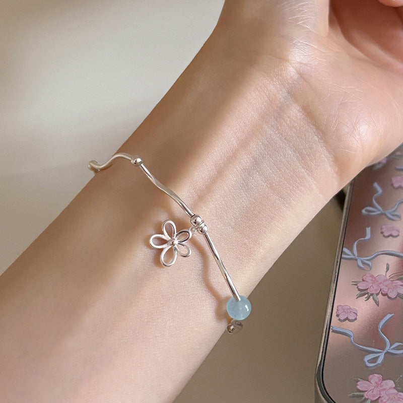 F廠【DQ0458S】S925純銀韓版鏤空花朵彎管手鍊女氣質高級感海藍石百搭手飾潮
 25.10-3