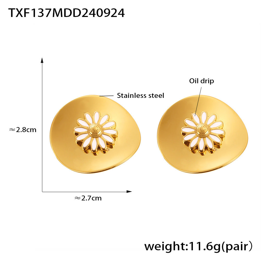 B廠【TXF137】歐美滴油雛菊圓片戒指耳環鍍18k金不銹鋼氣質輕奢田園風花朵套裝 24.10-1