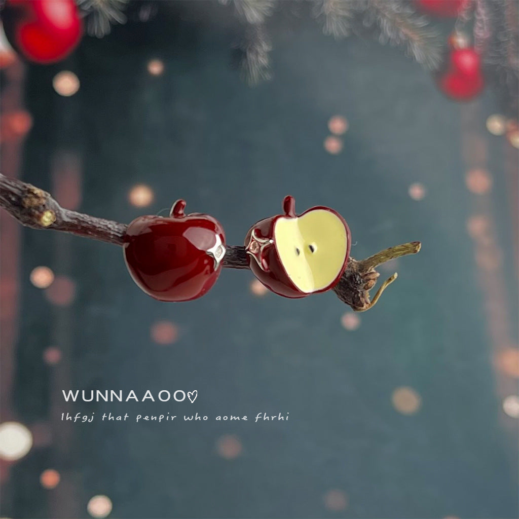 A廠【7174】創意ins風925銀針琺瑯滴釉酒紅色蘋果耳環不對稱個性AB款耳飾
 25.12-1